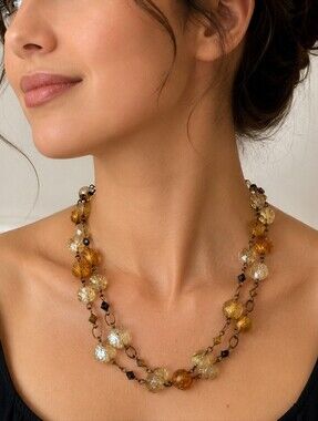 Vtg Amber Glass Beaded Chain Necklace